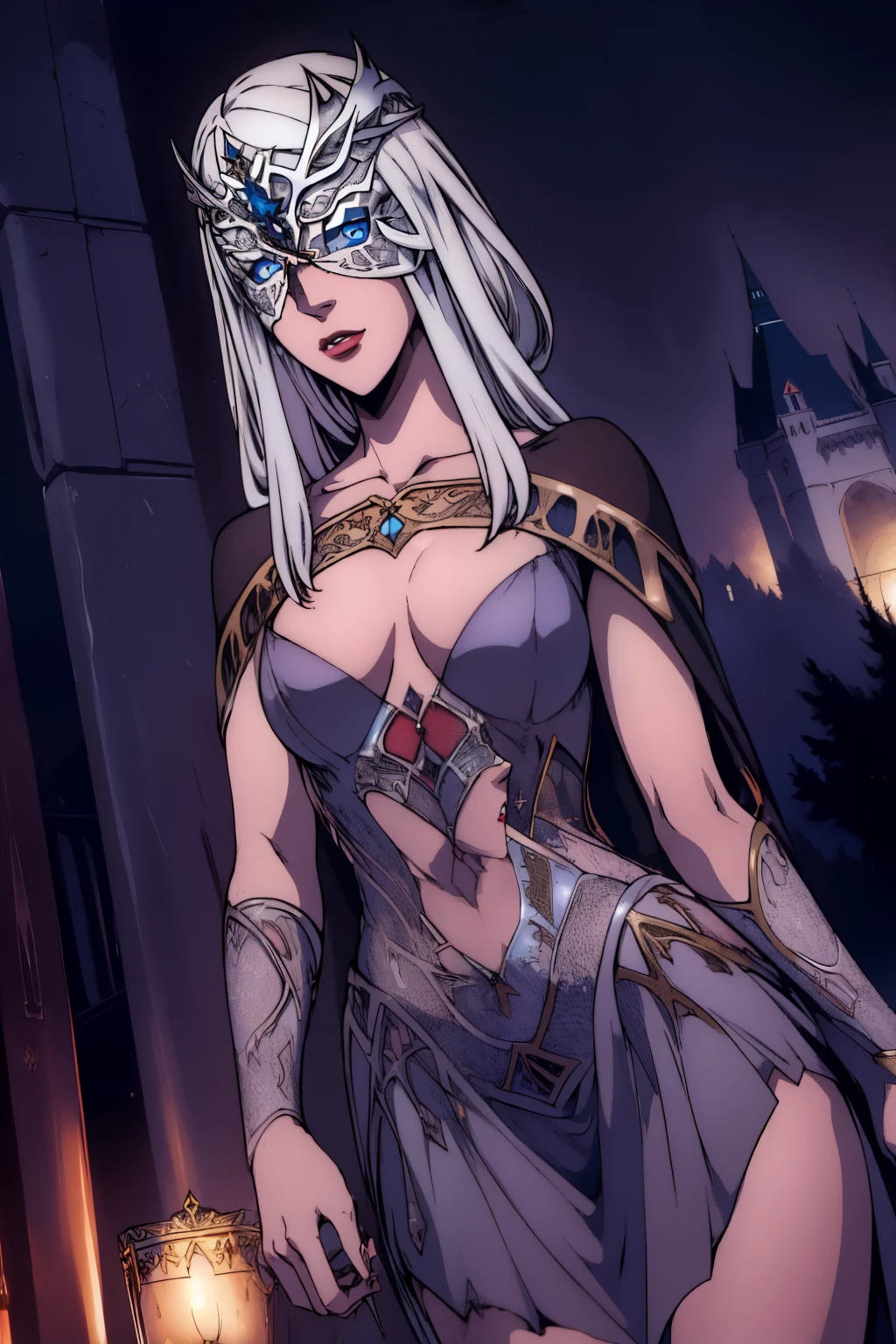 carmilla, medium breasts, black dress. by white, beautiful face, blue eyes, (masterpiece:1.2), Best Quality, absurdities, High resolution, extremely detailed wallpaper, perfect lighting, from below, blue eyes, castillo, view of the castle, outdoors, de evening, evening, at night, ((silver mask))