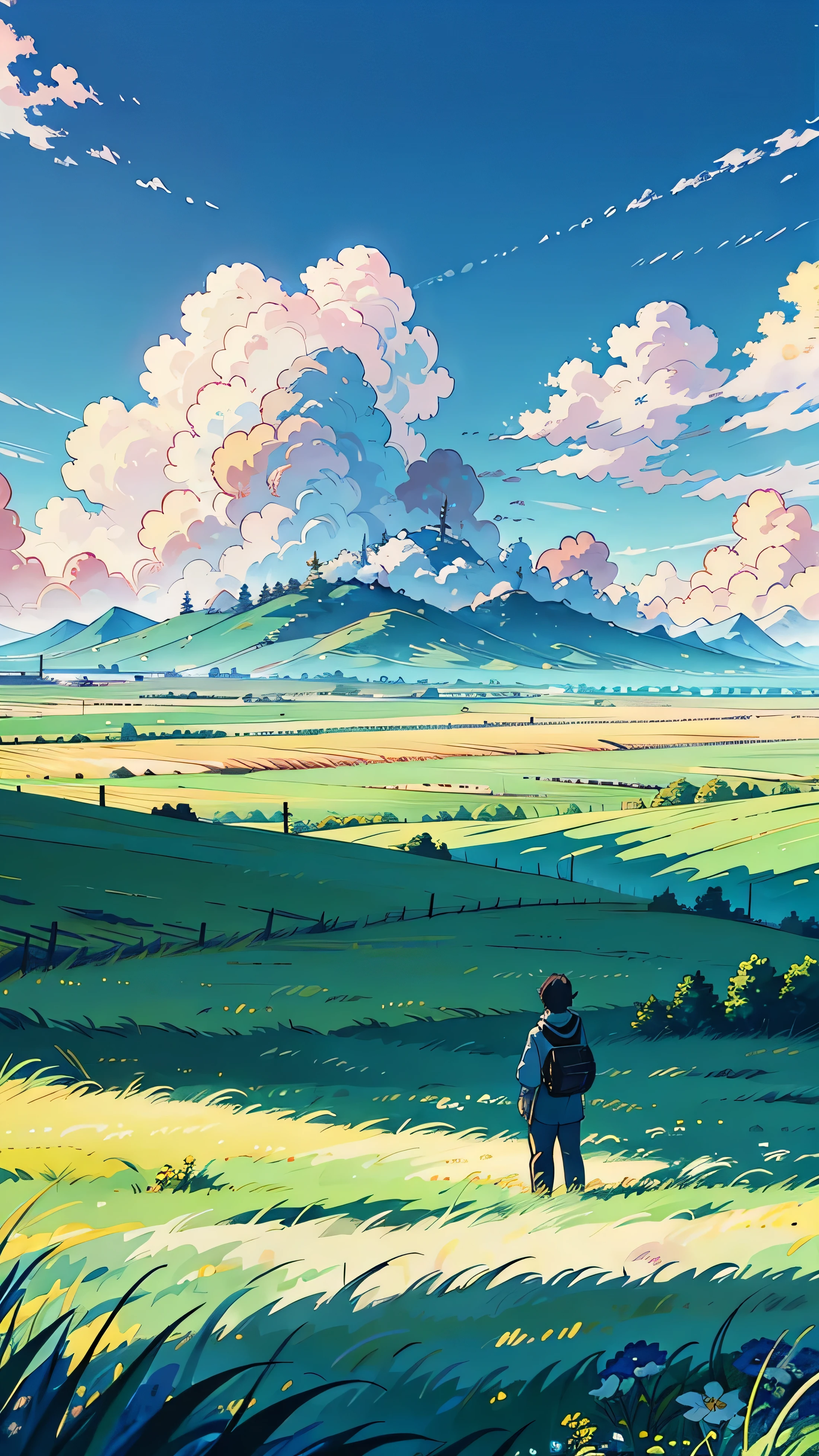 An anime man standing solemnly in a vast field of lush green grass, under an expansive sky with vibrant, blue clouds. The landscape is breathtakingly beautiful, depicted in ultra HD with high detail. The scene is vibrant and designed to look like an award-winning photograph, capturing a sense of melancholy and beauty.