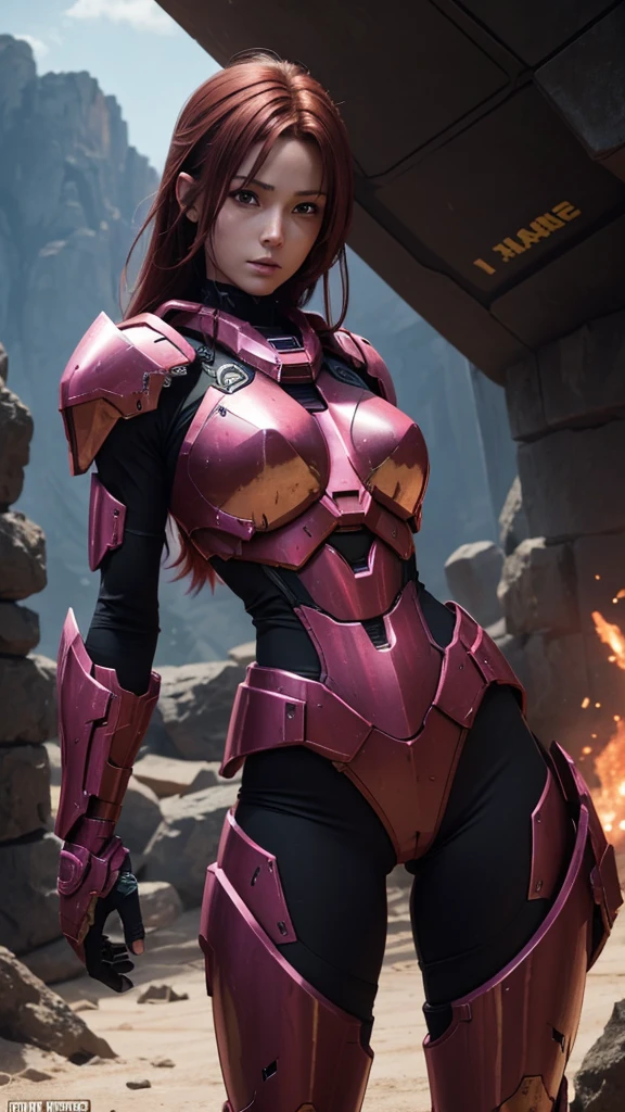 Halo game, skinny, female spartan, no helmet, dark red hair, destroyed pink armor, battle damaged, NSFW, masterpiece quality, sexy, hentai