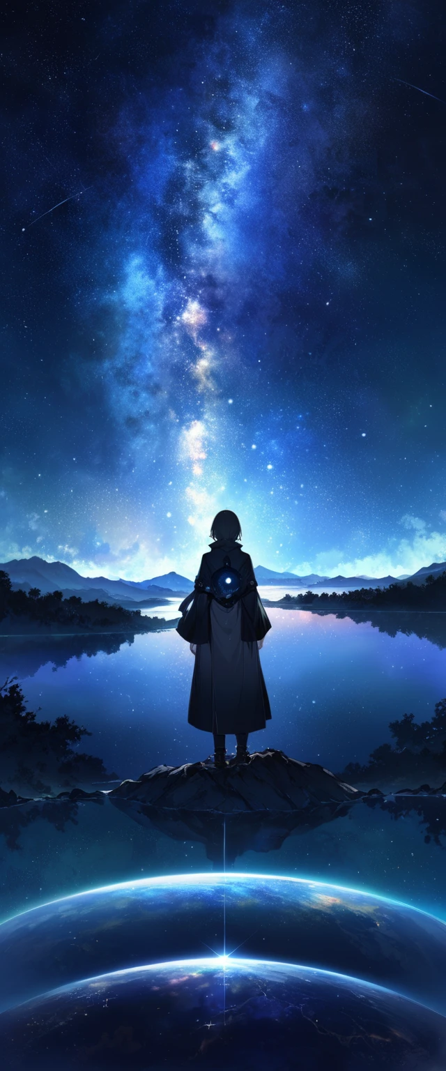 (((maSterpiece))),(((HigheSt quality))),((Very detailed)),Rear view, In "Universe Hongqing,The core concept of "Silence Behind",The resulting image depicts a vast yet tranquil cosmic scene.。The Starry Sky,The Silence of the Galaxy,In the vastness of the universe,The distant stars are scattered like broken diamonds in the deep night sky。A figure with his back to the viewer,Standing on the edge of the universe,As if quietly gazing at the boundless starry sky and the unreachable future。The whole picture is full of contrast between vastness and silence.,Showing a profound beauty of tranquility and solitude。, landScape, univerSe, 8k, Super Detail,The whole Scene iS Shiny O'S、illumination、ParticleS of light,