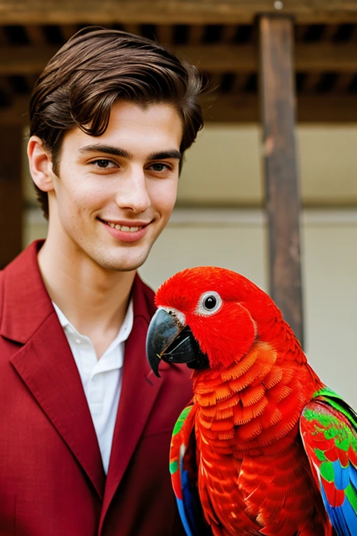 A tall handsome cute young man with a red parrot