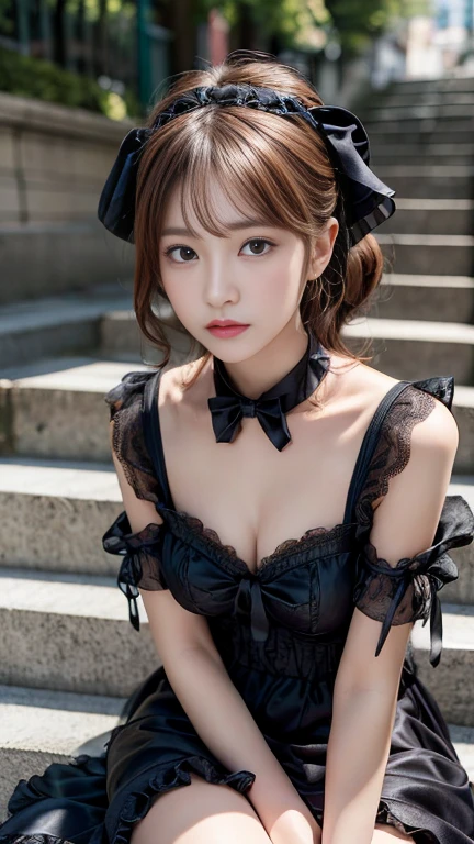 photography of a brightly sangmi nam who is korean actress,masterpiece,photorealistic,analog,realism,korean idol,slim leg, long_brown_hair,1 girl, very bright backlighting, solo, {beautiful and detailed eyes},large breasts, calm expression, natural and soft light,delicate facial features, Blunt bangs, beautiful Korean girl, eye smile,22yo, ((model pose)), Glamor body type,half red and half hair, flim grain, realhands, masterpiece, Best Quality, photorealistic, ultra-detailed, finely detailed, high resolution,brown messy hair, perfect dynamic composition, beautiful detailed eyes,Korean girl,((nervous and embarrassed)),sharp-focus, beautymix, FilmGirl,(wearing a black Lolita dress:1.3),facing reality,(The girl must be sitting on the stairs:1.3),(on the street:1.3),(cowboy shot:1.3)