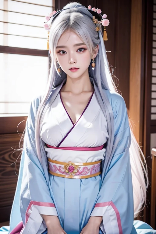 1 girl、Real17歳女性、cute、((Small breasts))、(((Long white hair)))、((Completely naked))、(White and light blue oiran-style kimono） And a very slim figure,,,,,、Very thin leganicules、Earrings、Pink Lip、choker、Real、Sexual、Highest quality、Detailed face、Detailed Background、Depth of written boundary、whole body viewing angle、Get on your knees and sit on the couch、Sexual、alone、night,Highest quality、High resolution、超High resolution（Real：1.4）Detailed eyes、Gradation、Perfect anatomical figure、Woman with perfect body、Highly detailed skin、非常にDetailed face、Beautiful eyes in every detail、Background Blur