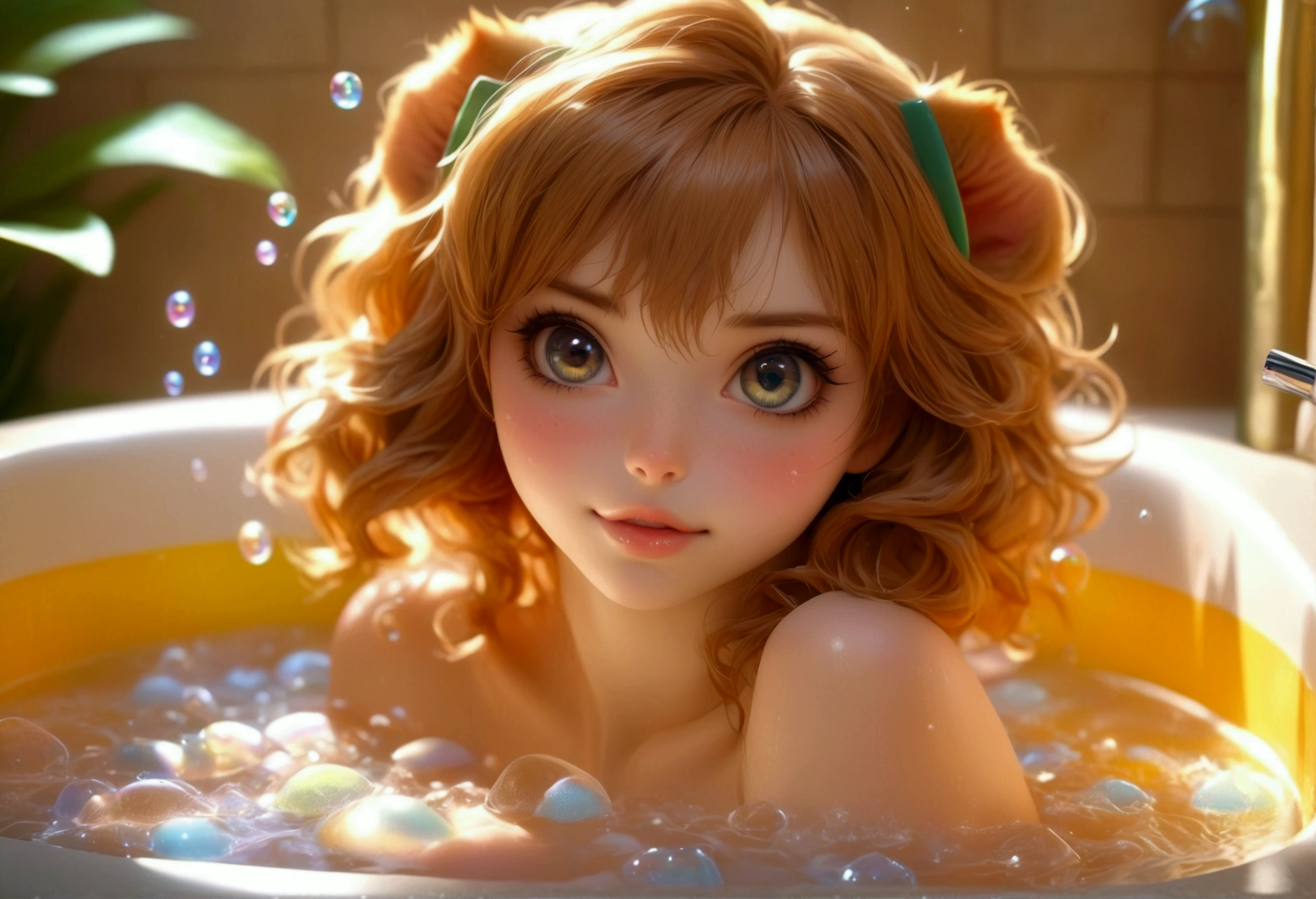 10 years old girl, with short orange hair, round face with lovely smile, and blue eyes , nude, in bath, showing her perfect feet