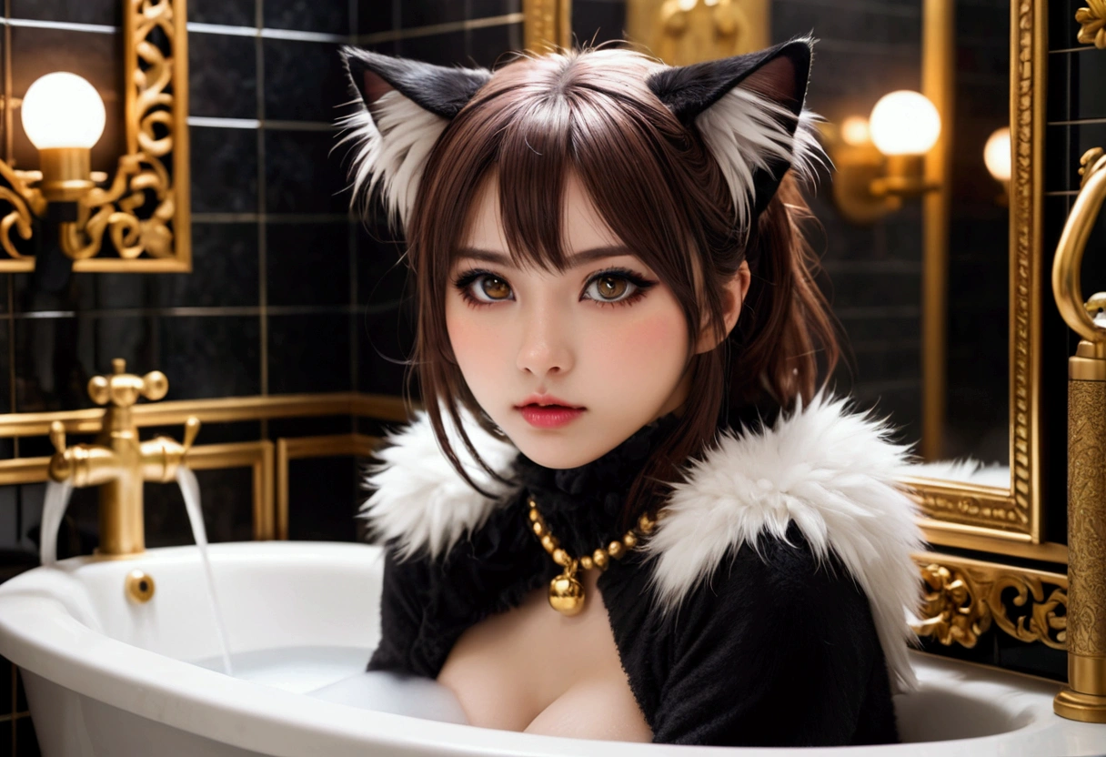 A cute girl Xiaorou SeeU, 20 years old, in an adorable sexy cat girl cosplay, acting surly and intimidating, she does not want to take a bath, bathroom with bubble bath in tub, beautiful detailed eyes, beautiful detailed lips, extremely detailed eyes and face, long eyelashes, photo-realistic, 8k, highly detailed, masterpiece, digital art, dark colors, moody lighting, dramatic shadows, intense expression, furrowed brow, pouty lips, cat-like features, fluffy cat ears, long tail, sharp claws, rebellious attitude, bathroom interior, tiled floor, bubble bath, ornate mirror, gold fixtures
