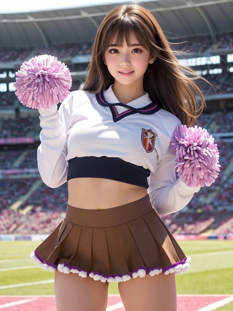 ((((whole body:1.3),1 girl, alone, Japanese Girls, Junior high school girl、, (highest quality, Realistic, High resolution, 8k, Very detailed, Detailed face, Shiny skin), Black Hair, ragged bangs, ponytail,smile,(whole bodyショット),Cheerleader uniform,Pink sneakers,Are standing,Baseball Stand,The face is looking at the viewer,Perfect hands,Perfect legs,I have a pom-pom,A dynamic pose