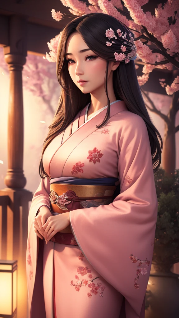 A beautifully detailed and aesthetic image of a girl wearing a kimono. She has strikingly detailed eyes, surrounded by light particles that enhance the delicate features of her face. The scene includes cherry blossoms in the background, adding to the serene and elegant atmosphere. She is adorned with tasteful jewelry, enhancing her overall appearance. The composition is a medium shot, capturing her beauty and the intricate details of the kimono and surroundings in a highly detailed, visually captivating manner.