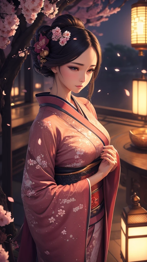 A beautifully detailed and aesthetic image of a girl wearing a kimono. She has strikingly detailed eyes, surrounded by light particles that enhance the delicate features of her face. The scene includes cherry blossoms in the background, adding to the serene and elegant atmosphere. She is adorned with tasteful jewelry, enhancing her overall appearance. The composition is a medium shot, capturing her beauty and the intricate details of the kimono and surroundings in a highly detailed, visually captivating manner.