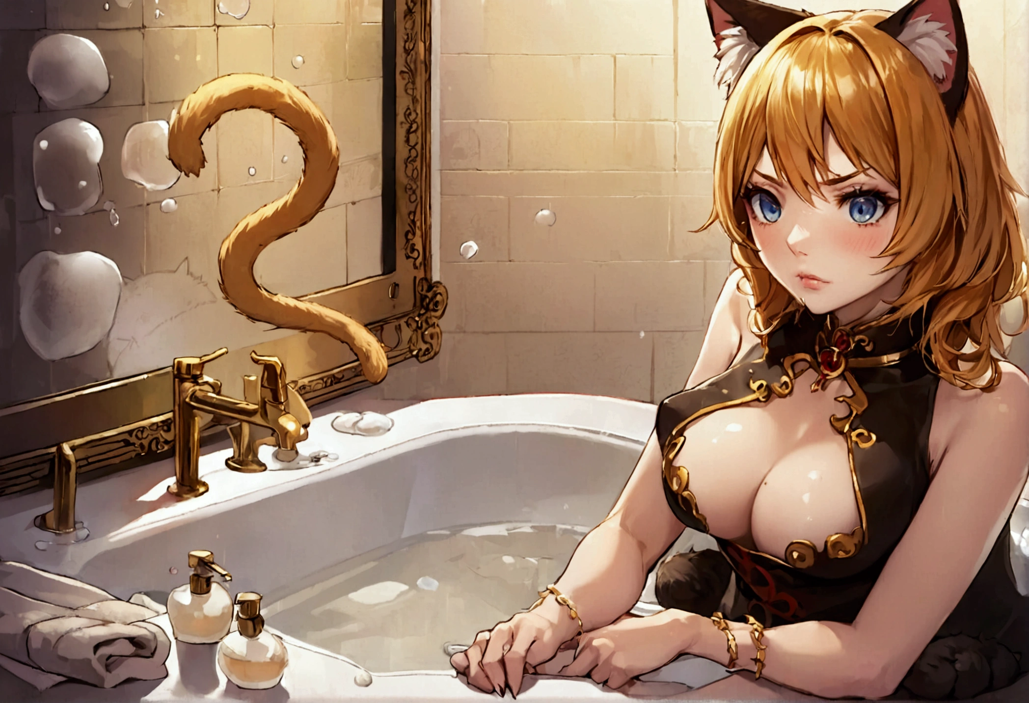 A cute girl Xiaorou SeeU, 20 years old, in an adorable sexy cat girl cosplay, acting surly and intimidating, she does not want to take a bath, bathroom with bubble bath in tub, beautiful detailed eyes, beautiful detailed lips, extremely detailed eyes and face, long eyelashes, photo-realistic, 8k, highly detailed, masterpiece, digital art, dark colors, moody lighting, dramatic shadows, intense expression, furrowed brow, pouty lips, cat-like features, fluffy cat ears, long tail, sharp claws, rebellious attitude, bathroom interior, tiled floor, bubble bath, ornate mirror, gold fixtures