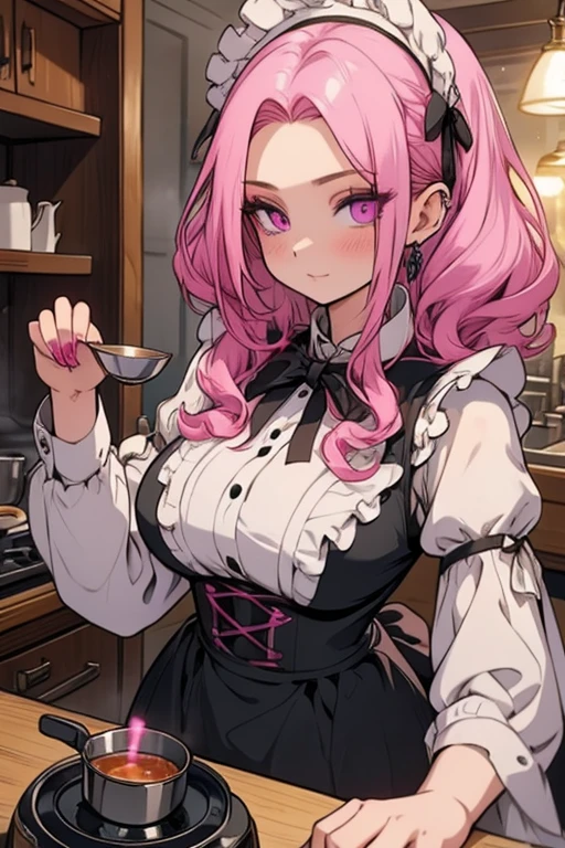 Perfect face. Perfect hands. A pink haired woman with violet eyes and an hourglass figure in a ta maid's outfit is making tea in a fancy kitchen