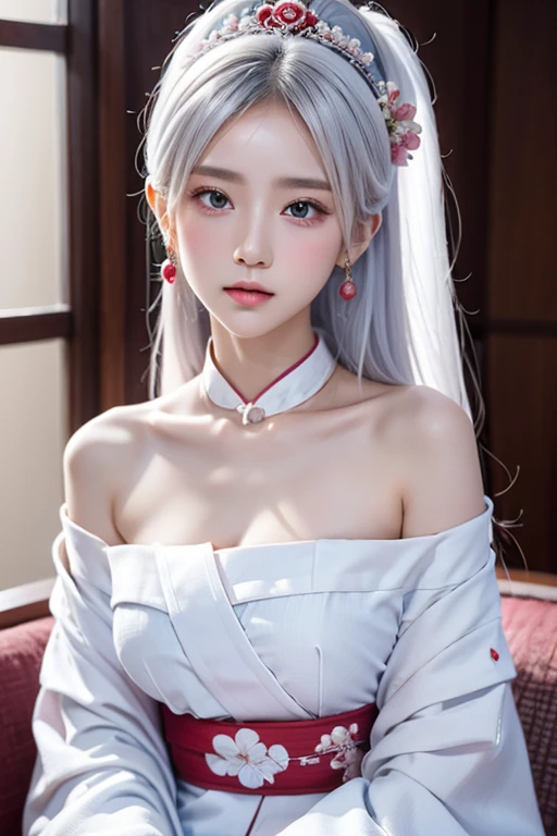 1 girl、Real17歳女性、cute、((Small breasts))、(((Long white hair)))、((Completely naked))、(White and light blue oiran-style kimono) And a very slim figure,,,,,、Very thin leganicules、Earrings、Pink Lip、choker、Real、Sexual、Highest quality、Detailed face、Detailed Background、Depth of written boundary、whole body viewing angle、Get on your knees and sit on the couch、Sexual、alone、night,Highest quality、High resolution、超High resolution(Real:1.4)Detailed eyes、Gradation、Perfect anatomical figure、Woman with perfect body、Highly detailed skin、非常にDetailed face、Beautiful eyes in every detail、Background Blur