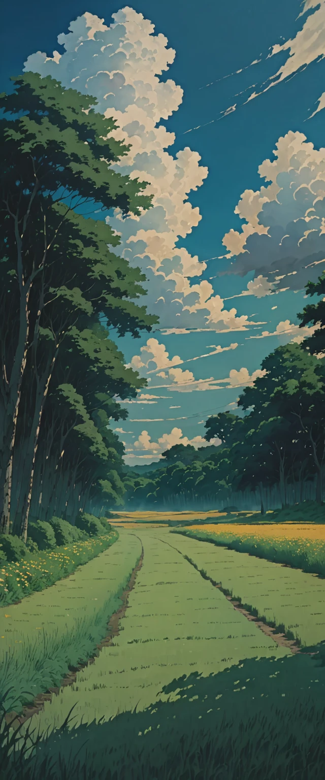 Master work 8k Studio ghibli background painting, summer field, grass and trees, Channels, summer sky and incoming clouds, clear contrast between sun and shadow, 8KHDR