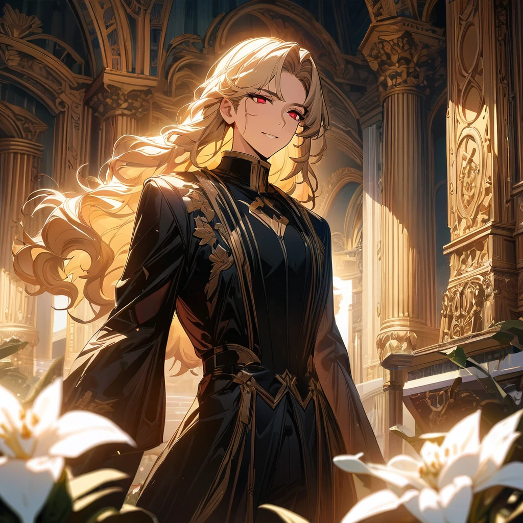 (masterpiece, best quality), Very detailed, best quality, official art, Beautiful and beautiful: 1.2),Beautifully，(1 handsome guy)，copyright，alone，Light blonde hair，long hair，(Red eyes), (A gentle yet distant smile)，perfect face，Black priest suit，complex clothing design，high goals，8k，Beautiful contrast of light and shadow，Be positive，Nice face，noble，gorgeous palace，Interior background，((White flowers))，Gorgeous background，(Comic style:1.5)