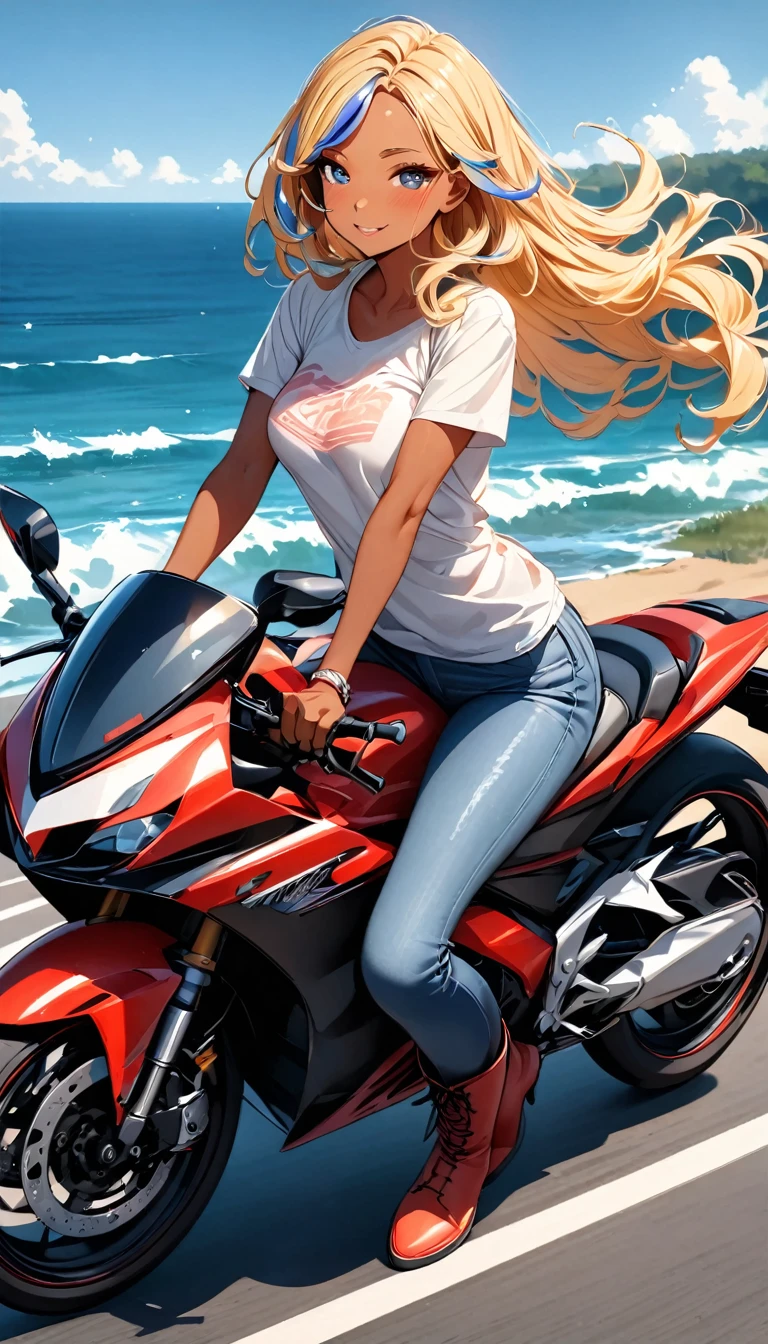 blonde hair long ponytail, busty, cleavage, red detailed lace lingerie, (full body Esbian)､off the coast、bow ribbon､Running on a watercraft、North Shore､detailed jet ski、Between the waves、High waves、Happy smile、Dynamism、jet ski pro、Professional riding、Fancy lighting、Cool、World of Cyberpunk