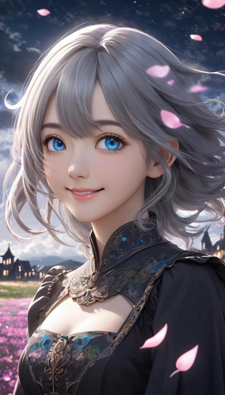 masterpiece, Highest quality, One girl, (colorful),(Beautifully detailed eyes and face),cinematic Lighting,Bust Shot,Highly detailed CG Unity 8k wallpaper,Gray Hair,alone,smile,Complex skirt,((Flying petals)),(Flowery meadow) null, cloudy_null, building, moonLight, moon, night, (Dark Theme:1.3), Light, Fantasy,