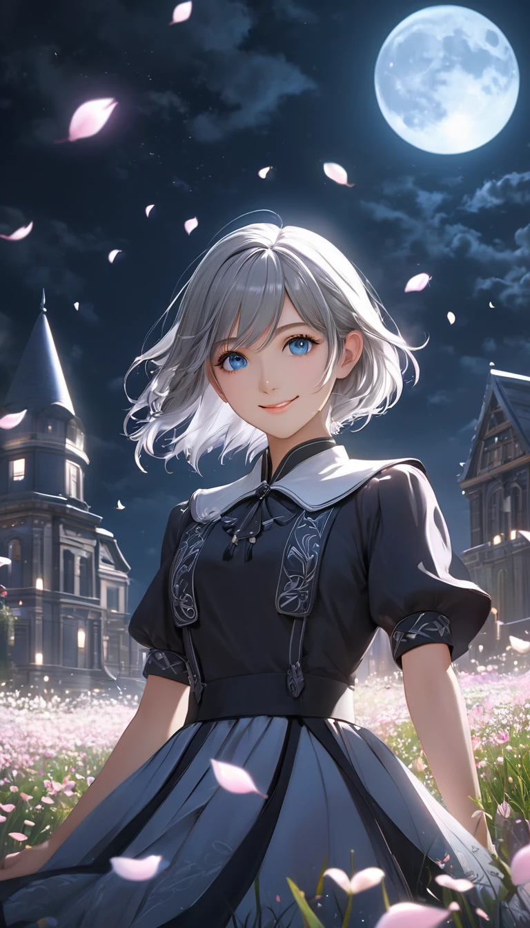 masterpiece, Highest quality, One girl, (colorful),(Beautifully detailed eyes and face),cinematic Lighting,Bust Shot,Highly detailed CG Unity 8k wallpaper,Gray Hair,alone,smile,Complex skirt,((Flying petals)),(Flowery meadow) null, cloudy_null, building, moonLight, moon, night, (Dark Theme:1.3), Light, Fantasy,