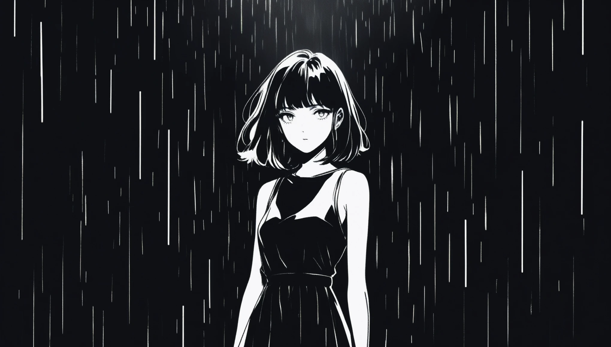 (Highest quality, sketch:1.2),Realistic,Illustrator,anime,1 girl, Black Dress 8,custom, (Background dark monochrome),Neon Hair,Texture Cropping, masterpiece, Style: Retro Classic, Dark Black, art, sketch book, (Bob Hair Black:1.75 Neon:1.32), Dark Shadows ,alone、A figure in the distance、walk、遠くでwalk、It rains、
