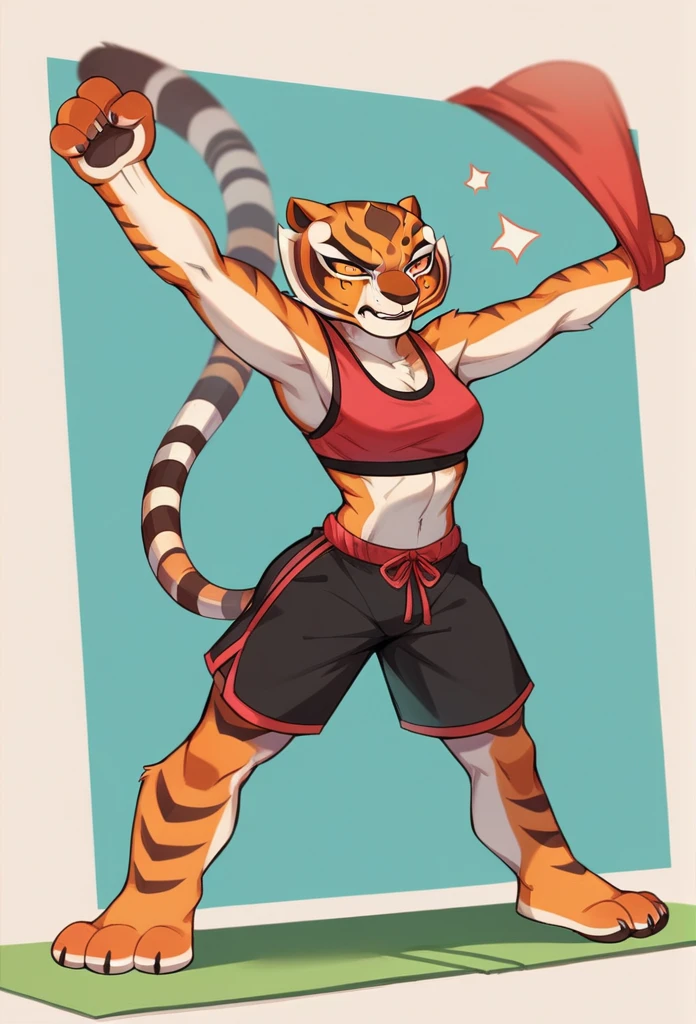 Kung Fu Panda, Master Tigress, Pose, Yoga, wearing black shorts,