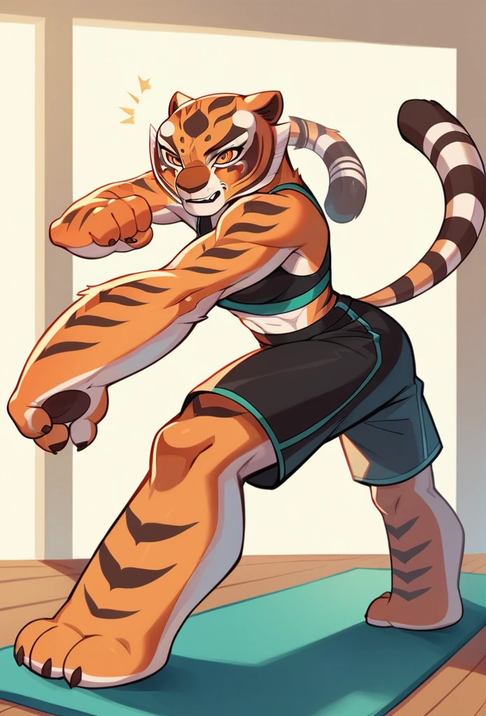 Kung Fu Panda, Master Tigress, Pose, Yoga, wearing black shorts,