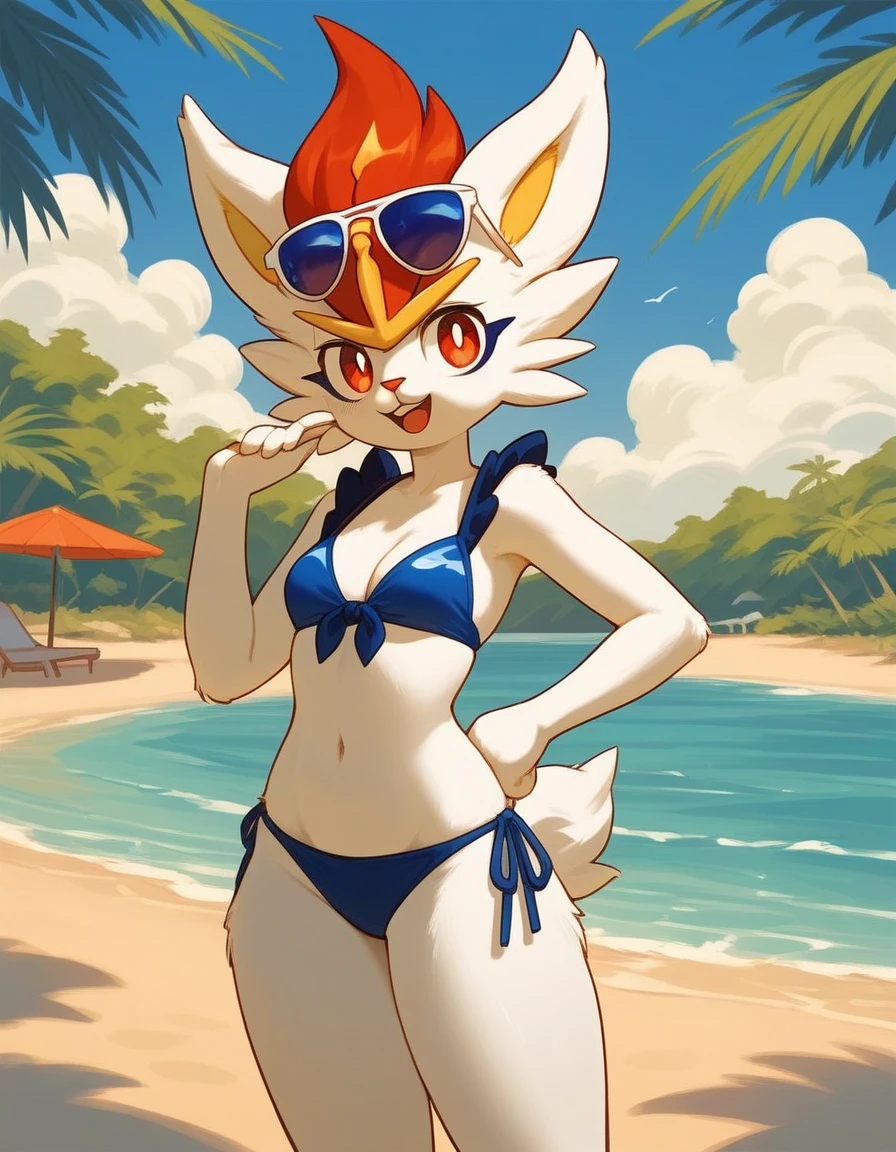 score_9,score_8_up,score_7_up, source_cartoon, source_furry, anthro female cinderace, naked, nipples, vagina, lounging on a long pool chair on the beach, legs crossed, cute pose, smiling big, shy smile, blushing, toothy smile