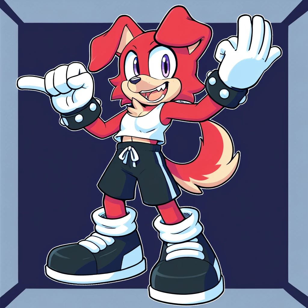 Custom avatar, red dog character, wearing black shorts, in the cyberspace, cgi backround, doing a dyamic pose,