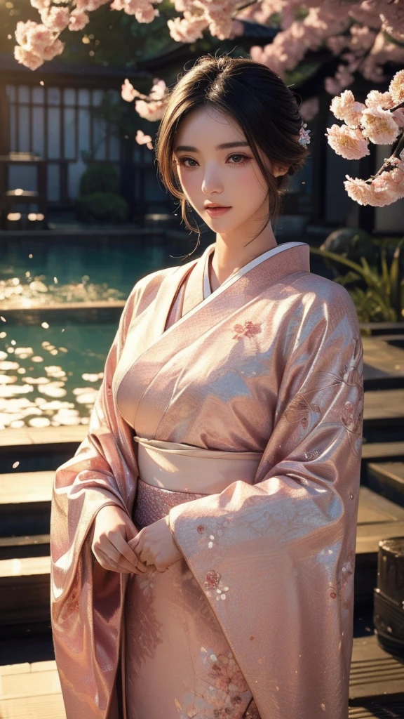 A beautifully detailed and aesthetic image of a girl wearing a kimono. She has strikingly detailed eyes, surrounded by light particles that enhance the delicate features of her face. The scene includes cherry blossoms in the background, adding to the serene and elegant atmosphere. She is adorned with tasteful jewelry, enhancing her overall appearance. The composition is a medium shot, capturing her beauty and the intricate details of the kimono and surroundings in a highly detailed, visually captivating manner.