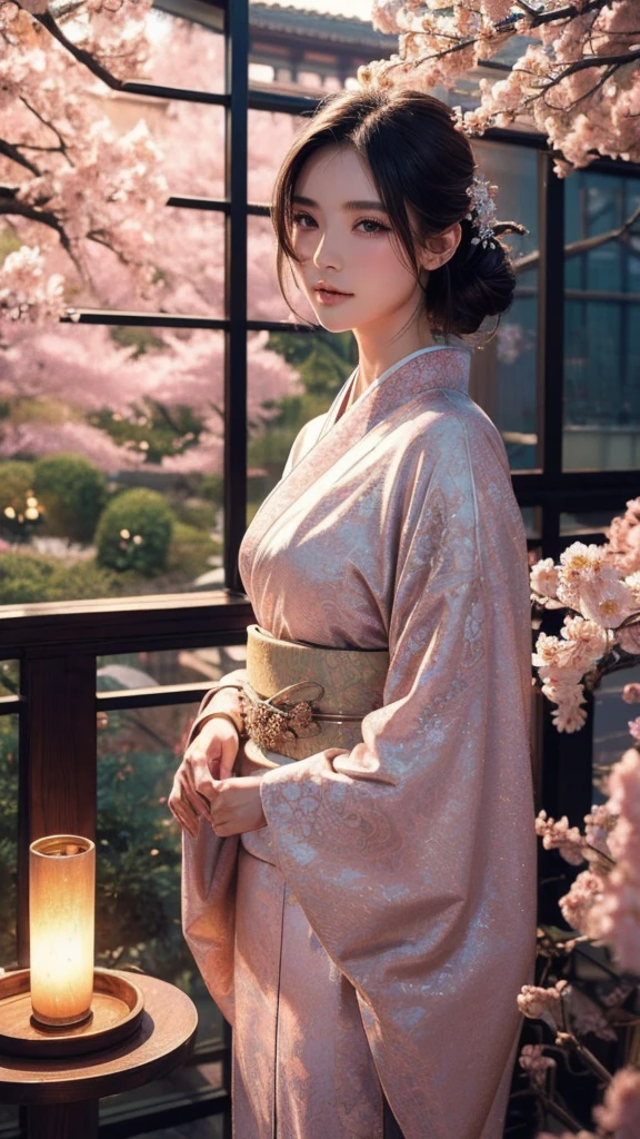 A beautifully detailed and aesthetic image of a girl wearing a kimono. She has strikingly detailed eyes, surrounded by light particles that enhance the delicate features of her face. The scene includes cherry blossoms in the background, adding to the serene and elegant atmosphere. She is adorned with tasteful jewelry, enhancing her overall appearance. The composition is a medium shot, capturing her beauty and the intricate details of the kimono and surroundings in a highly detailed, visually captivating manner.