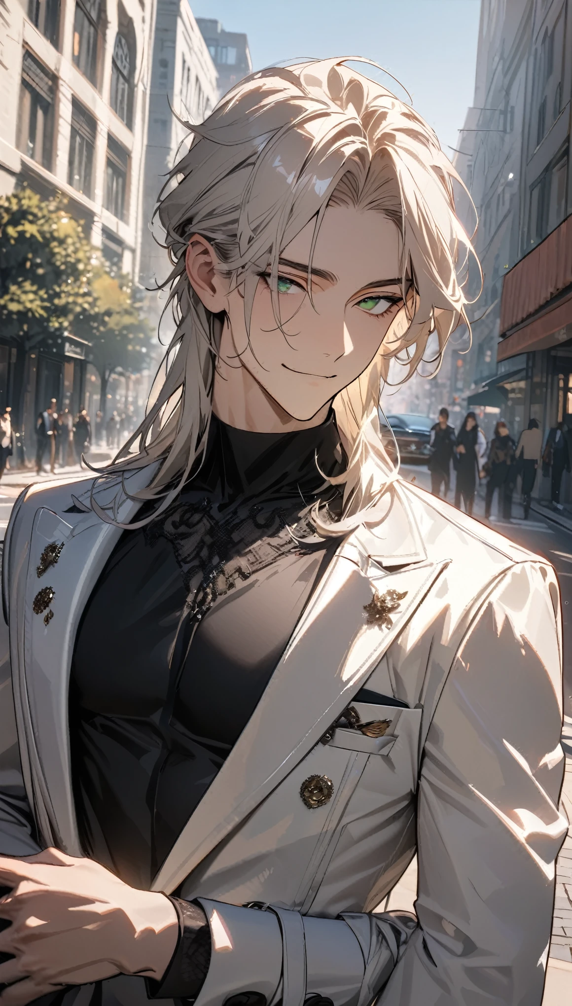 (masterpiece:1.5),best quality,(1 Handsome man),alone,white long length hair,(green eyes), (A soft smile),elegant,perfect face,Luxurious modern clothing,Slightly muscular body,High,8k,Beautiful contrast of light and shadow,(complete upper body),Positive face,((luxury street)),city center,daytime,plant,Flowers,anatomically correct,Black shirt,Luxurious white trench coat,Beautiful Boy,23 years old