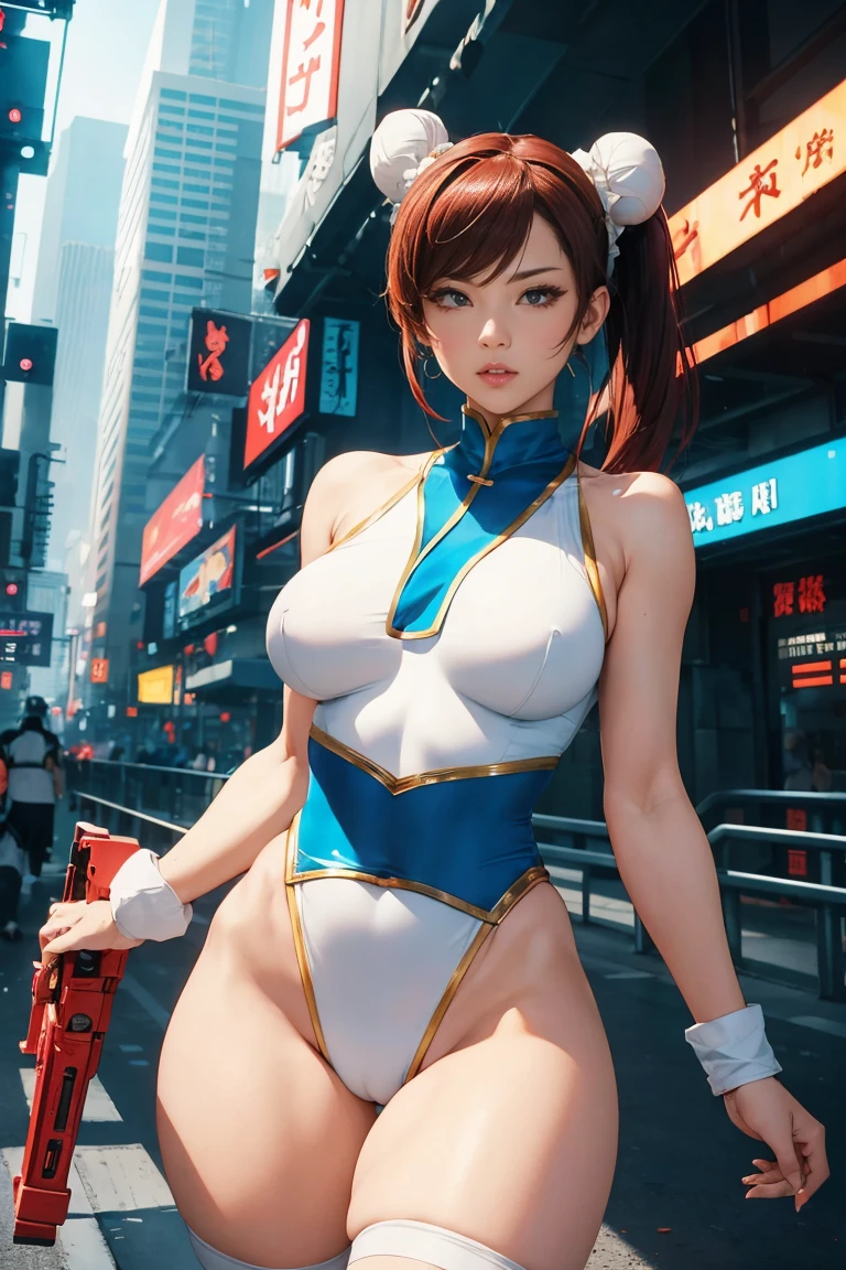 chun li from steet fighter wearing a outfit, skinny frame, skinny legs, medium breast, redbeauty, cyberpunk city background, holding retro space-gun, green headband, slim waist, slim thighs, skinny thighs, thin thighs, slender thighs, thigh gap, thigh gap,