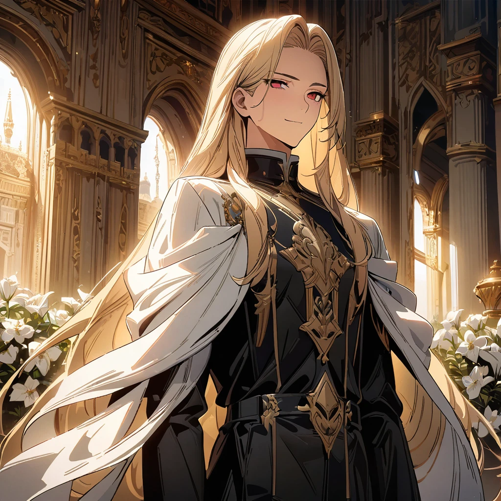 (masterpiece, best quality), Very detailed, best quality, official art, Beautiful and beautiful: 1.2),Beautifully，(1 handsome guy)，copyright，alone，Light blonde hair，Straight long hair，(Red eyes), (A gentle yet distant smile)，perfect face，Black priest suit，complex clothing design，high goals，8k，Beautiful contrast of light and shadow，Be positive，Nice face，noble，gorgeous palace，Interior background，((White flowers))，Gorgeous background，(Comic style:1.5)，White shawl