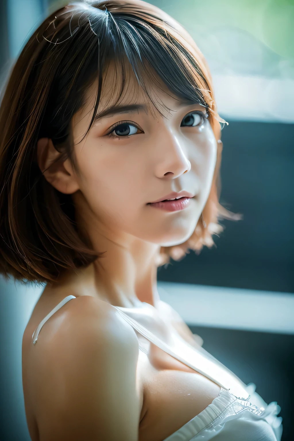 (Hyper Reality: 1.35), (Realistic: 1.4), A beautiful Japanese woman, smile, alone. (((No makeup))), masterpiece, 最high quality, high quality, alone, Very good, Puberty, Only one girl, Well-trained slim body, muscular, slim body, breasts apart, (最high quality)),((Very delicate and beautiful)),((Very shallow depth of field)), ((Incredibly shallow depth of field)). Familiar, ((Very delicate and beautiful)), (((Very shallow depth of field))), (((Unbelievably absurd))), dark brown hair, blowing boyish bob hair, shag messy hair, wolf cut, big hair, Windで揺れる髪, Slim body type, ((( Camera Eye)))), (((small ))), Looks like a salon model, Cool face, Neutral facial features,(ecstasy:1.3) ,(slut:1.2),(vulgarity:1.3),(fucked silly:1.1),(steam:1.1),(Wet:0.8),(trembling:0.8),(tears:0.7) ,(drooling:0.6),(sweat:0.8),open mouth, poor, Dynamic Angle, Focus on the woman's eyes, {Particles of light}, Detailed Background, Soft lighting, (dramatic), sunset, very beautiful sunset, Live Action, Realistic, (blurred background), (((s old))), (((Wind))), ((Movement)), ((emotion)), ((colorful)), ((Baby Face)), Wither, sea background, (((Composition above the knees))), walking, sports bra, hot pants, (((Helios44 58mm F2)))