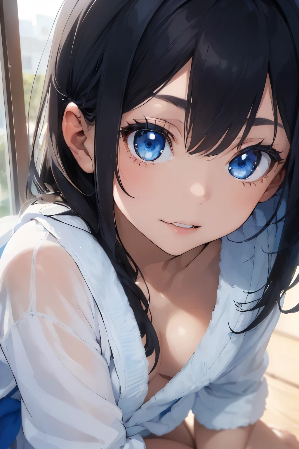 ((Highest quality)), ((masterpiece)), ((detailed)), ((One girl)), ((nymph)),, Black Hair,(Childish face), (Straight Hair),Medium Breasts , ((topless)), ((Blue eyes)), half-smile , ((white Bathrobe)) , natural Light ,Bedroom ,((close_up)), ((extreme_close_up)) , ((crawling position)), (seductively posing),