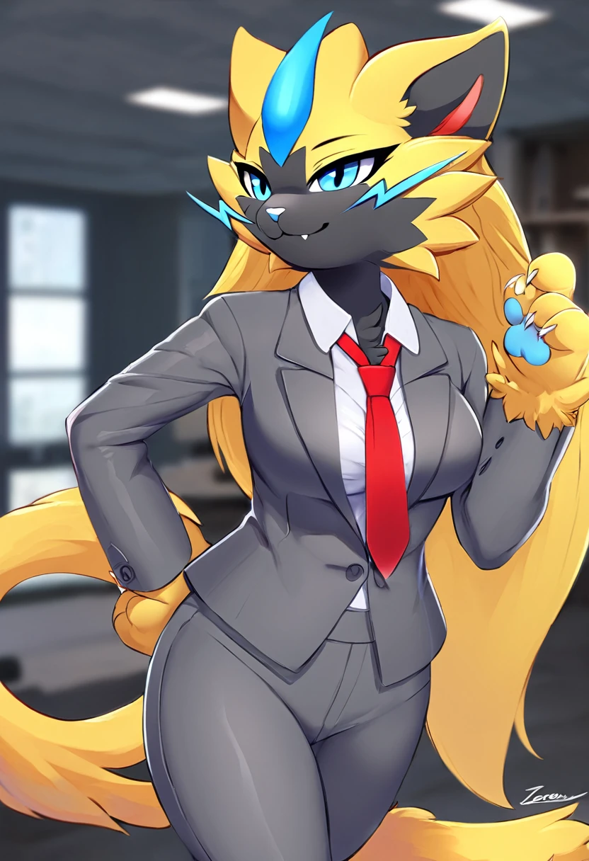 female, zeraora, furry, fluffy, cat nose, fluffy body, business suit, grey suit, red tie