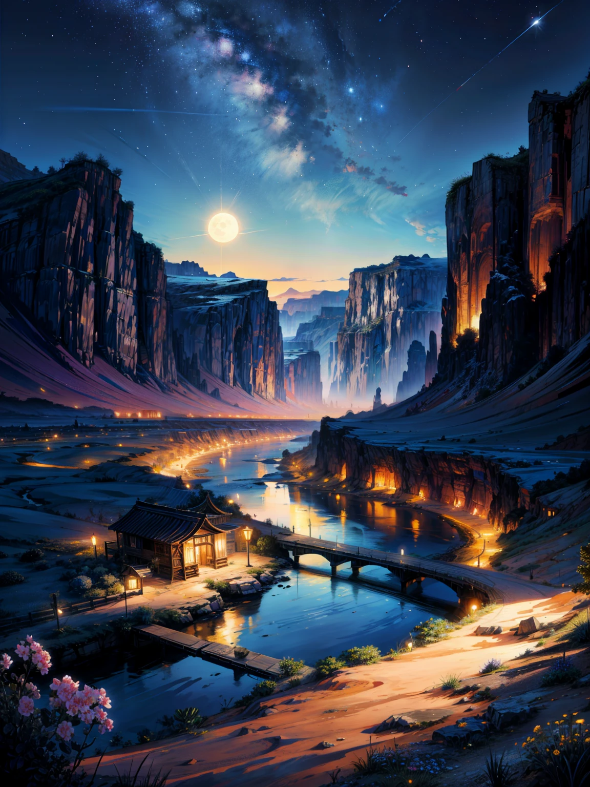 Beautiful painting of a valley full of flowers, , moonlight, river, moonlight reflection,Beautiful Art UHD 4K, Beautiful artwork illustration, Beautiful digital painting, Highly detailed digital painting, Beautiful digital art, desert,arabian desert , desert oasis, Detailed painting 4k, Highly detailed digital painting, Rich, picturesque colors, Gorgeous digital painting