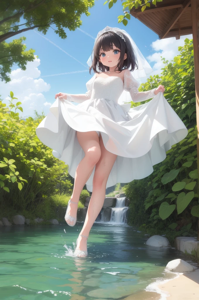 Wedding dress, climbing, 1girl, solo, water, wet, puffy sleeves, 