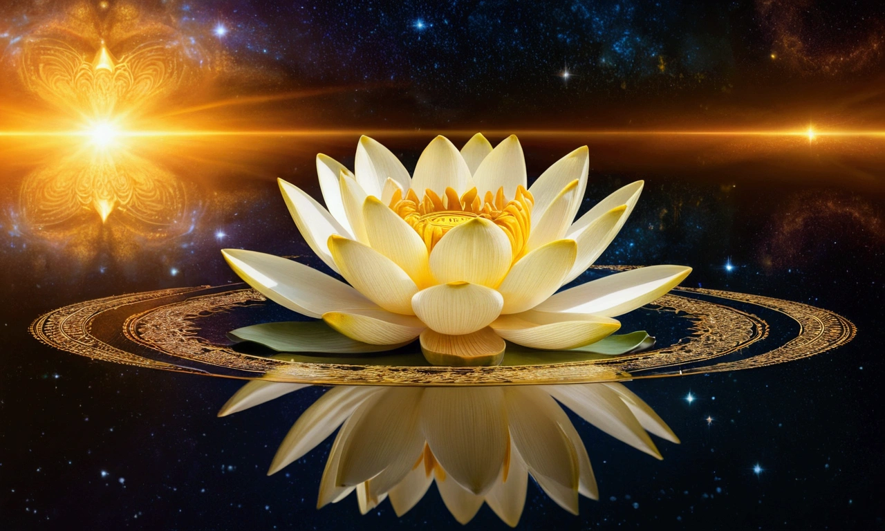 A golden lotus flower floating in the water, reflecting beautifully on the surface. Behind her, an intricate mandala with bright gold and orange elements, placed against a cosmic background with subtle stars and nebulae. The scene exudes a sense of serenity, spirituality and cosmic beauty. The entire composition is harmonious, with the golden lotus being the focal point, highlighted by the celestial elements in the background. Just focus on the lotus, in the mandala and the cosmic background.