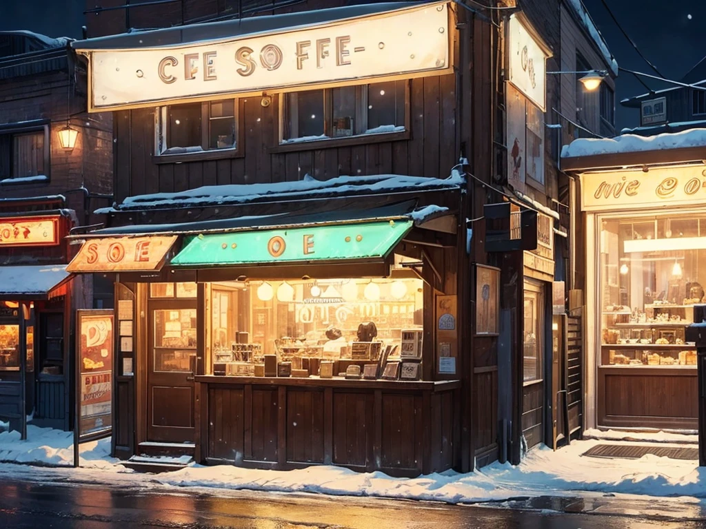 cofee shop at night, viewd from the street, neon banner, no persons at the image, just the place
front veiew, snow