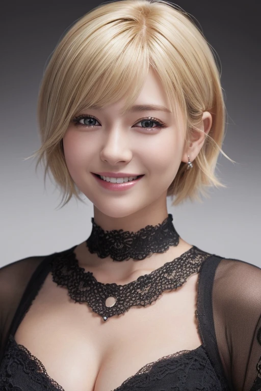 (Highest quality, 4K, 8k, High resolution, masterpiece:1.2), Very detailed, (Realistic, photoRealistic, photo-Realistic:1.37),Japanese,(Dull blonde short hair）、Black choker,smile,(clothing：Random),