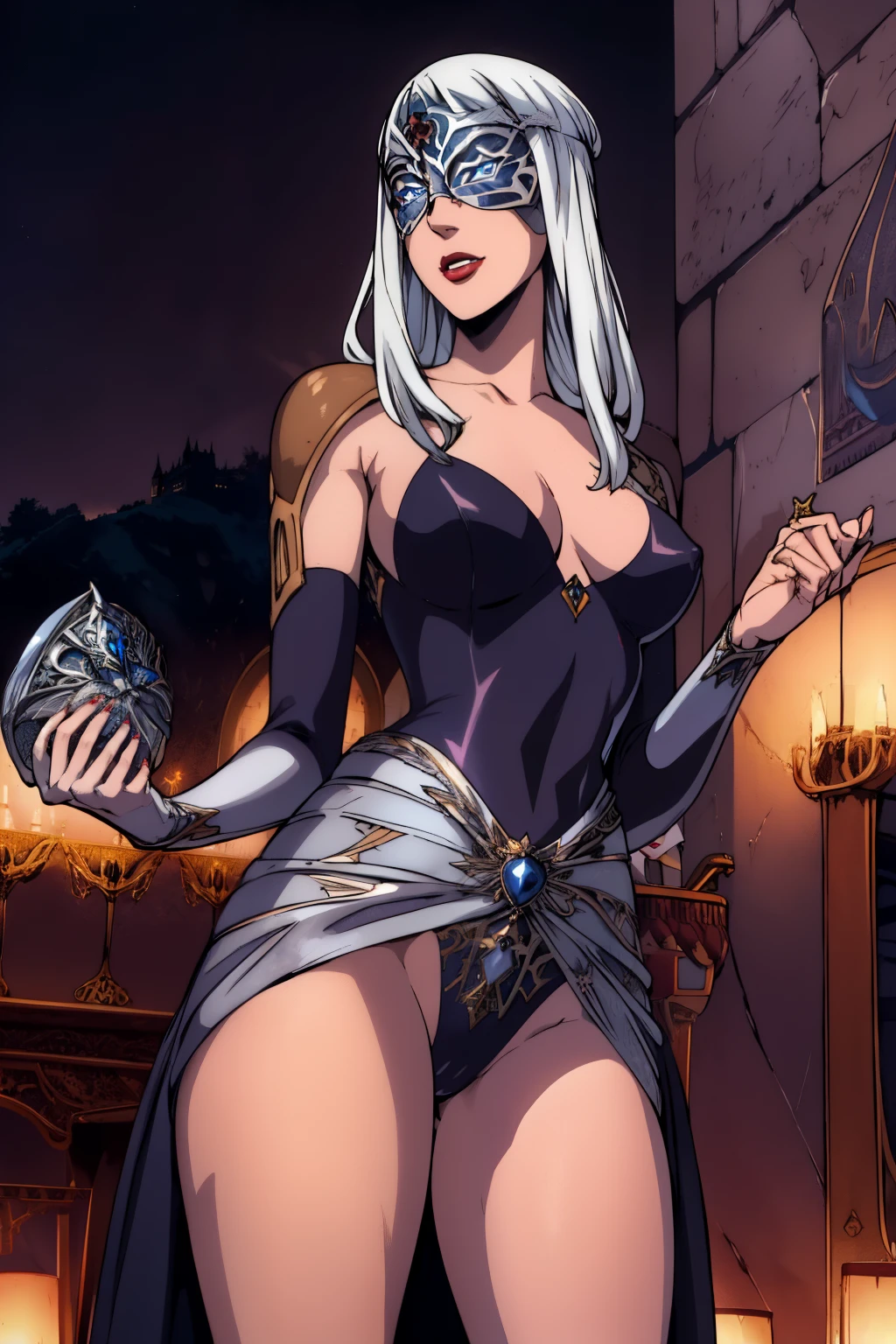 carmilla, medium breasts, black dress. by white, beautiful face, blue eyes, (masterpiece:1.2), Best Quality, absurdities, High resolution, extremely detailed wallpaper, perfect lighting, from below, blue eyes, castillo, view of the castle, outdoors, de evening, evening, at night, NSFW, +18 ((silver mask))