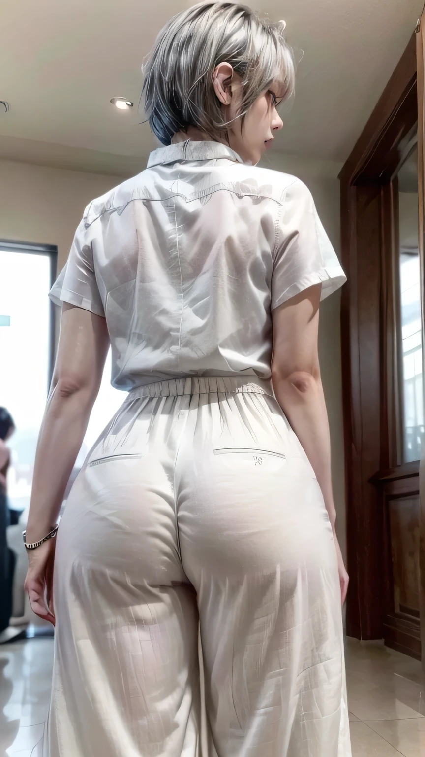 (Realistic、Like a photograph、Live Action、8k, Realistic, RAW Photos, Best image quality: 1.4), Single-lens reflex camera、RAW Photos, Highest quality, Realistic, Highly detailed CG Unity 8k wallpaper, Written boundary depth, Cinematic Light, Lens flare, Ray Tracing, Realistic background、A landmine girl waiting for someone、((Wearing a white blouse:1.4)、((Wear wide leg pants:1.1、(p-line、The panty line is sheer))、Small breasts)、Cute ass)、((ultra high density skin))、 1 female,cute Japanese、Standing in front of the station, waiting for someone while looking at his smartphone、The whole body is visible:1.5、Wearing sneakers:1.1、((Silver Hair:1.5)、short hair:1.2、My hair flutters in the wind)、stylish ambiance、Very detailed and perfect costume、(White skin)、Precise and beautiful legs:1.1、View from behind、Super detailed face