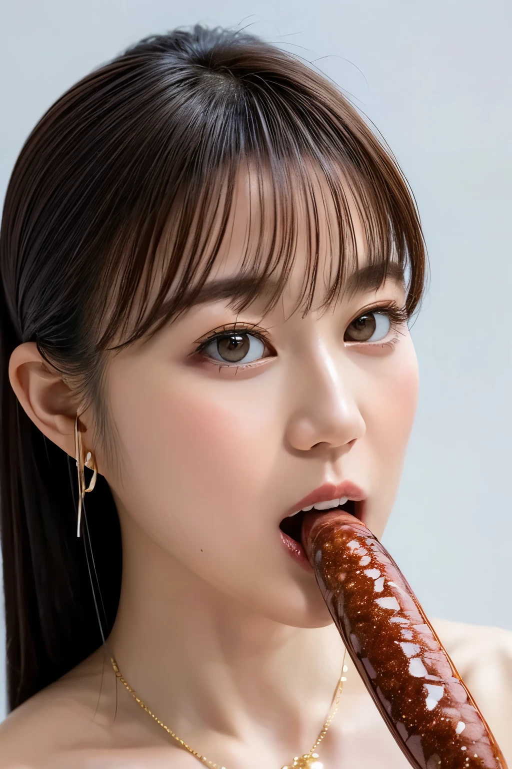 (realistic, photo-realistic:1.4), (best quality, masterpiece:1.2), RAW photo, high resolution, intricate details, extremely detailed, realistic and sharp details, (portrait, face focus), solo, a Japanese woman, Erika Ikuta, (eating a huge sausage, shovel a long sausage into mouth:1.4), (detailed face, beautiful detailed eyes, beautiful pupils, sophisticated nose), pale skin, fine-textured skin, necklace, jewelry, collarbone, wearing some clothes, simple background,