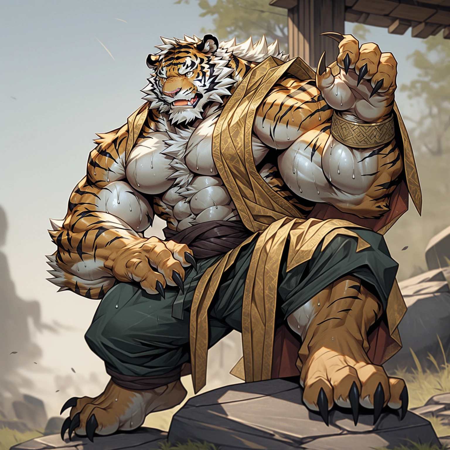 White hair on the back，金色tiger纹，白色皮毛老tiger，Strong body，Wearing imperial robes，Wearing fancy clothes，tiger, Detailed fan art，anger，Looking into the distance on the stone，pant，Sweat，White Teeth，is heavily injured，He has scars on his face.，feet focus background battlefield general feet focus，Strong claws