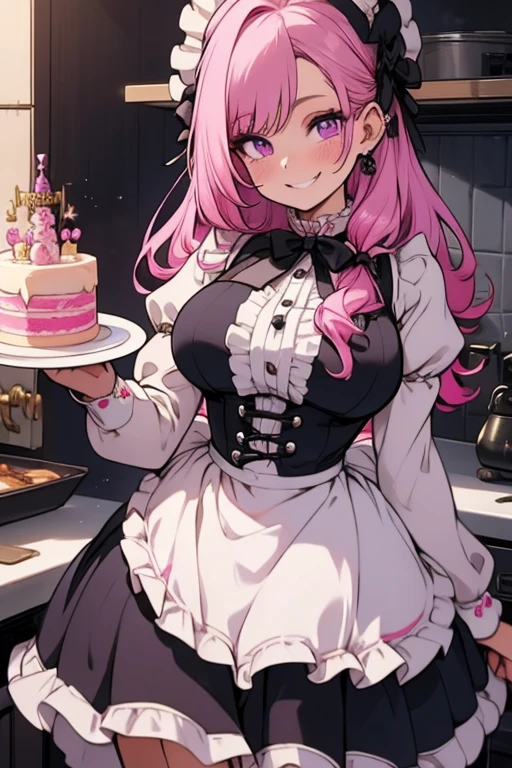 Perfect face. Perfect hands. A pink haired woman with violet eyes and an hourglass figure in a ta maid's outfit is making a cake in a fancy kitchen with a big smile