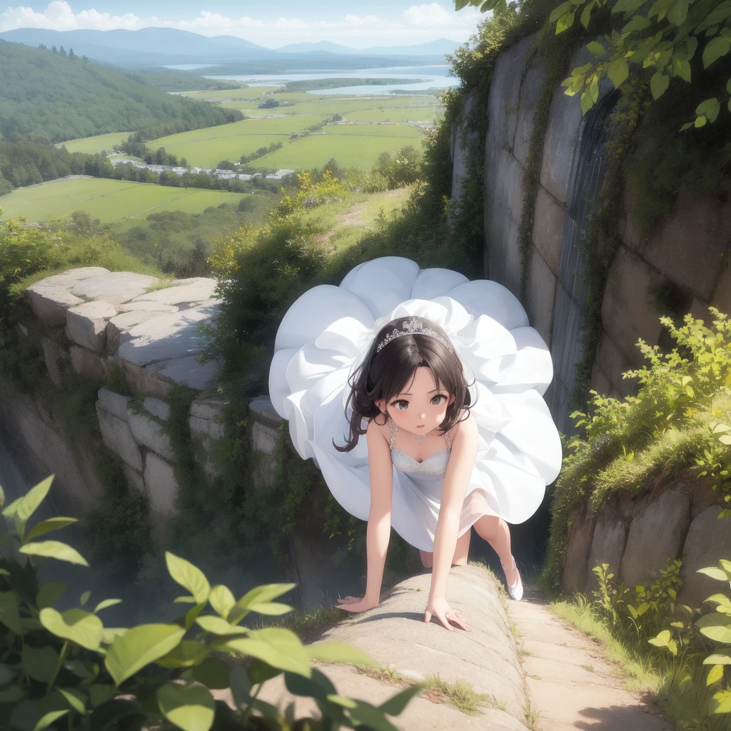 Wedding dress, climbing, 1girl, solo,