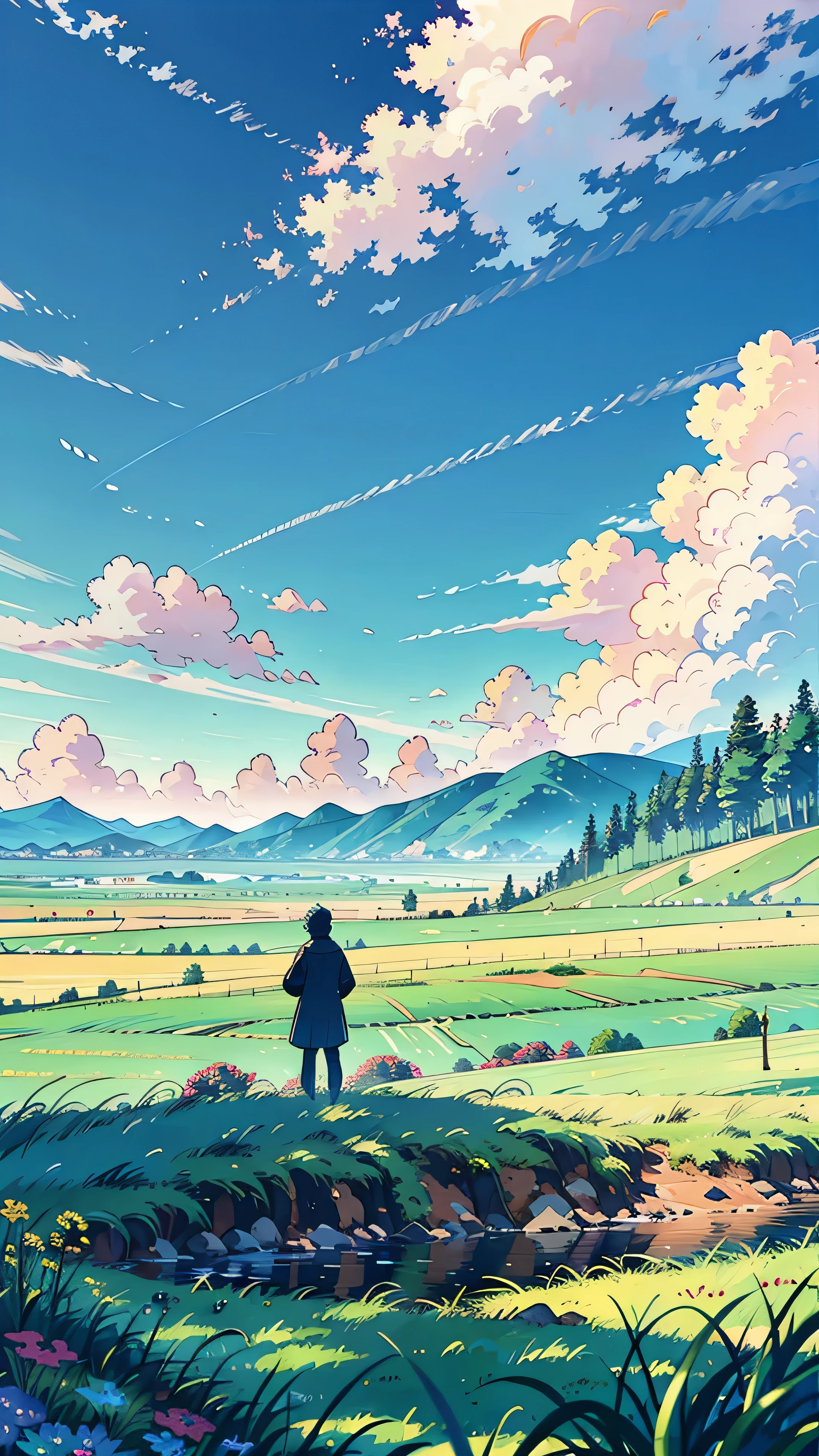 An anime man standing solemnly in a vast field of lush green grass, under an expansive sky with vibrant, blue clouds. The landscape is breathtakingly beautiful, depicted in ultra HD with high detail. The scene is vibrant and designed to look like an award-winning photograph, capturing a sense of melancholy and beauty.