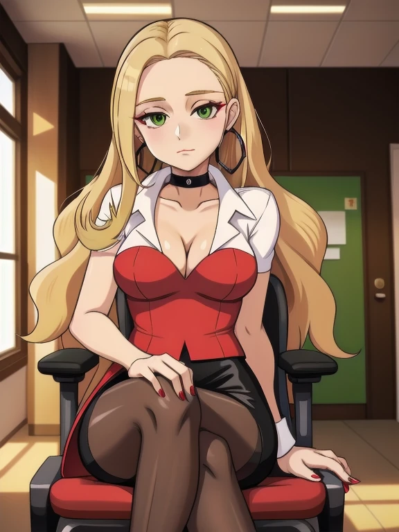 1girl, solo, Oleana from Pokemon, long blonde hair, wearing a red V-neck shirt, with a hint of cleavage, in a black pencil skirt and pantyhose. She has a white coat, well-done makeup, lipstick. Oleana is sitting in a chair, legs crossed. Completing her look is a choker and hoop earrings. (Background: Indoors, corporate office, desk)
