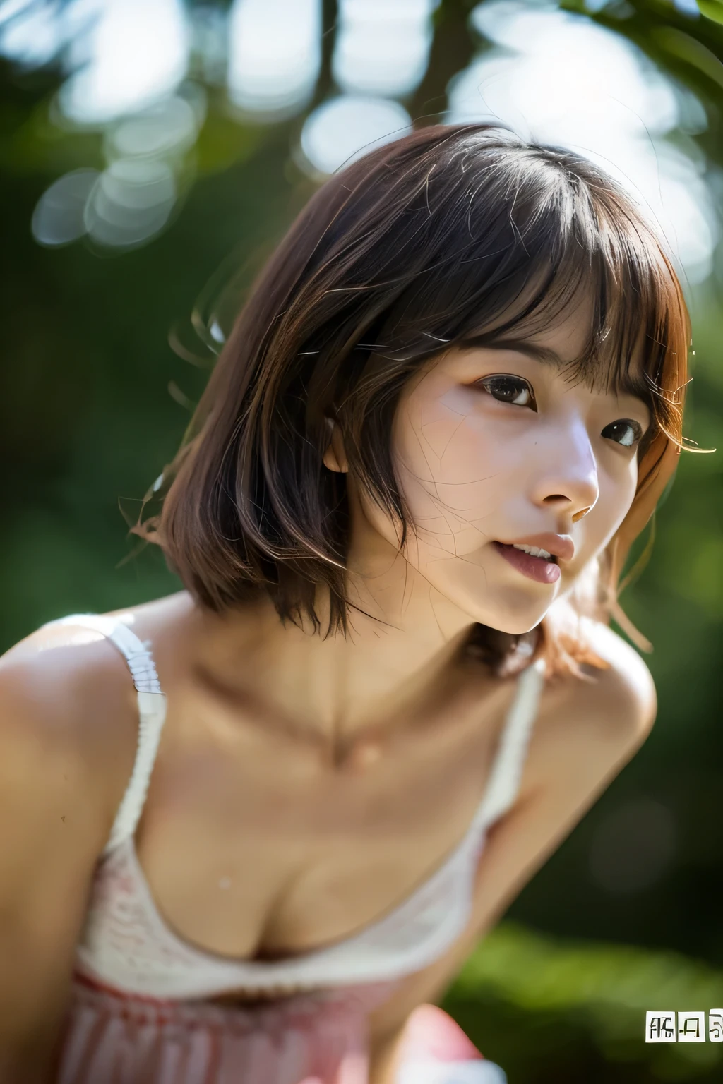 (Hyper Reality: 1.35), (Realistic: 1.4), A beautiful Japanese woman, smile, alone. (((No makeup))), masterpiece, 最high quality, high quality, alone, Very good, Puberty, Only one girl, Well-trained slim body, muscular, slim body, breasts apart, (最high quality)),((Very delicate and beautiful)),((Very shallow depth of field)), ((Incredibly shallow depth of field)). Familiar, ((Very delicate and beautiful)), (((Very shallow depth of field))), (((Unbelievably absurd))), dark brown hair, blowing boyish bob hair, shag messy hair, wolf cut, big hair, Windで揺れる髪, Slim body type, ((( Camera Eye)))), (((small ))), Looks like a salon model, Cool face, Neutral facial features,(???????:1.3) ,(slut:1.2),(vulgarity:1.3),(fucked silly:1.1),(steam:1.1),(Wet:0.8),(trembling:0.8),(tears:0.7) ,(drooling:0.6),(sweat:0.8),open mouth,  poor, Dynamic Angle, Focus on the woman&#39;s eyes, {Particles of light}, Detailed Background, Soft lighting, (dramatic), sunset, very beautiful sunset, Live Action, Realistic, (blurred background), (((11 years old))), (((Wind))), ((Movement)), ((emotion)), ((colorful)), ((Baby Face)), Wither, sea background, (((Composition above the knees))), walking, sports bra, hot pants, (((LOMO camera)))