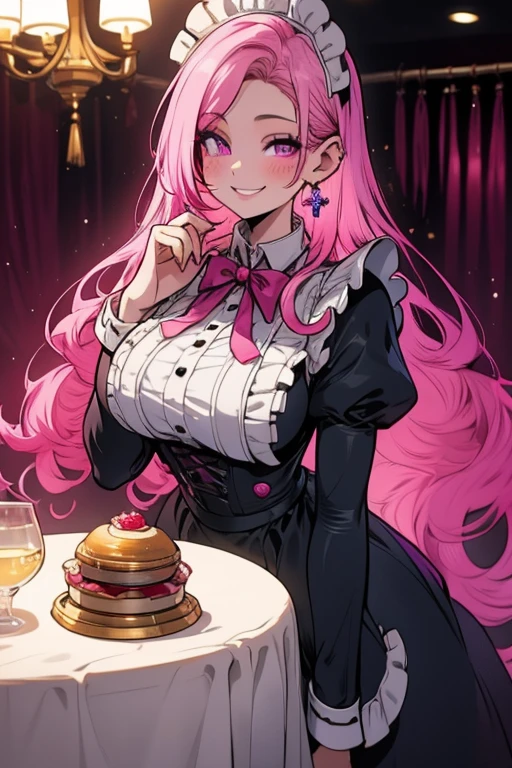 Perfect face. Perfect hands. A pink haired woman with violet eyes and an hourglass figure in a Lolita maid's outfit is setting a table in the maid cafe with a big smile