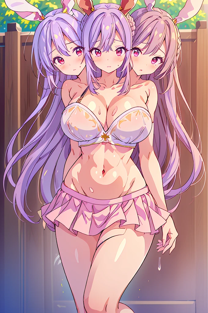 (masterpiece, best quality), best quality, (ultra-detailed), (3heads:1.5), 1girl, (reisen udongein inaba :1.3), masterpiece, best quality, ultra quality, ultra resolution, ultra detail, white top, crop top, ((stomach)), midriff, ((groin)), purple skirt, normal ears, shackles, purple hair, (same hair color), very long hair, wavy hair, sidelocks, red eyes, parted lips, very detailed eyes sweat, cute, toned belly, hand on own chest, eyelashes, (25 year old woman:1.3), (masterpiece:1.5), (best quality:1.5), (beautiful detailed), extremely detailed CG, extremely delicate and beautiful, depth of field, (finely detailed face), (perfect details:1.3), (mature female:1.3), wide pelvis, slender, large veiny breast, 16k resolution, highres, very high quality, high definition, extremely detailed, masterpiece, purple hair, long hair, alluring presence, braid, short skirt, close up, very big tits, huge tits, young, bunny ears, girl with three heads, three headed girl,
