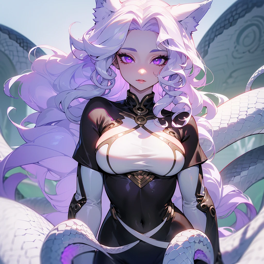 ((ultra quality)), ((masterpiece)), ((medusa)) ((gorgon woman)), ((long white curly hair)), ((White hair)), ((White hair)), ((curly hair)), (beautiful face), (beautiful female lips), charming, ((calm facial expression)), looks at the camera with a slight smile, (White skin color), (White skin), glow on the body, ((detailed eyes)), ((violet eyes)), (juicy female lips), (dark eyeliner), (beautiful female hands), ((thick body)), ideal female body, beautiful waist, beautiful big hips, big breasts, thick thighs, ((Subtle and beautiful)), ((wolf ears and tail)) ((About a huge white snake)) ((huge snake)), (), ((depth of field)), ((high quality clear image)), (delete details), ((High detail)), ((clear focus))